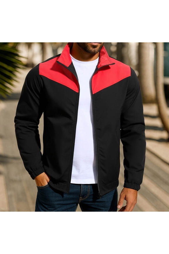 Men's Lightweight Windbreaker Jacket Stand Collar Color Block Long Sleeve Casual Outerwear No Hood Stretch Nylon Spandex