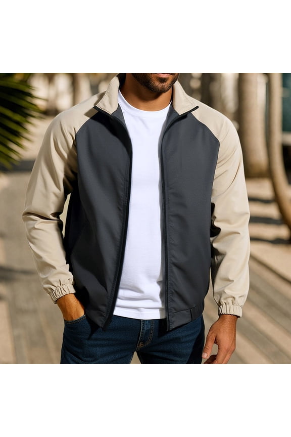 Men's Lightweight Windbreaker Jacket Stand Collar Color Block Long Sleeve Casual Outerwear No Hood Stretch Nylon Spandex