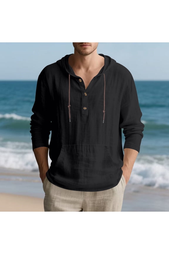 Men's Linen Hooded Shirt with Drawstring, Half Button Closure & Front Pockets Casual Beach Outdoor Pullover