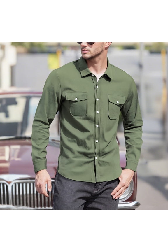 Men's Linen Shirt with Button Front Pocket Long Sleeve Casual Business Shirt Pure Color Breathable Open Collar Comfortable Top