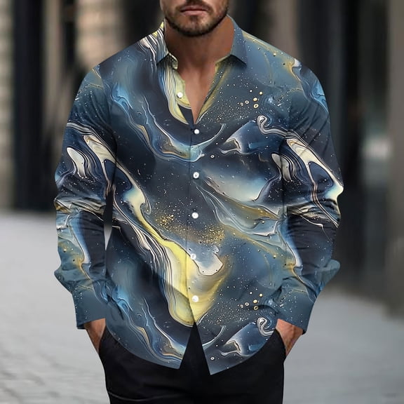 Donemore Men's Long Sleeve Collar Casual Shirt Fashion Print Trendy Design Business Casual Versatile Top