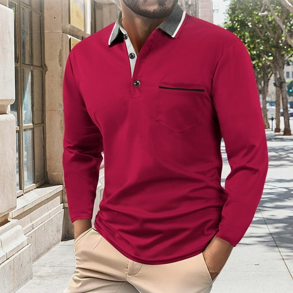 Donemore Men's Long Sleeve Collar Shirt with Button Design and Color Blocking for Autumn Winter Casual Business Stylish Men's Top