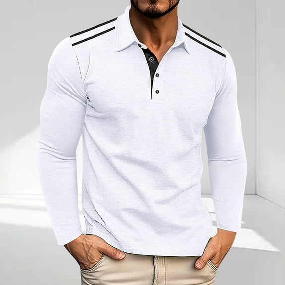 Donemore Men's Long - Sleeve Polo Shirt with Contrast Collar & Shoulder Stripes, Multi - Color Options, Classic Button - Placket Design, Versatile Casual & Sporty Top for All Seasons