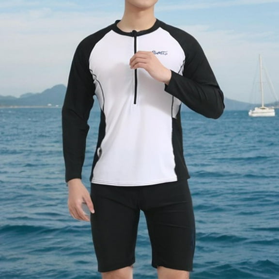 Donemore Men's Long Sleeve Quick-Dry Swimwear Set with Mid-Length Sporty Design Swim Shorts Stylish Casual Swimming Training Outfit