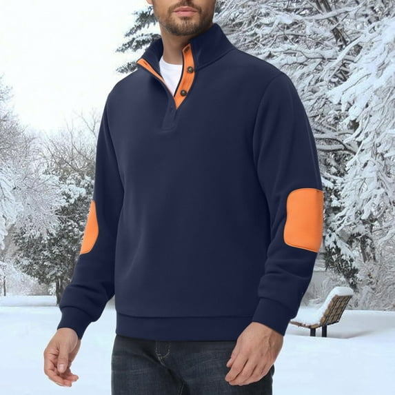 Donemore Men's Long Sleeve Stand Collar Button Color-Block Fleece Pullover Sweatshirt Comfortable Warm Casual Top Color Contrast Trendy Design Menswear