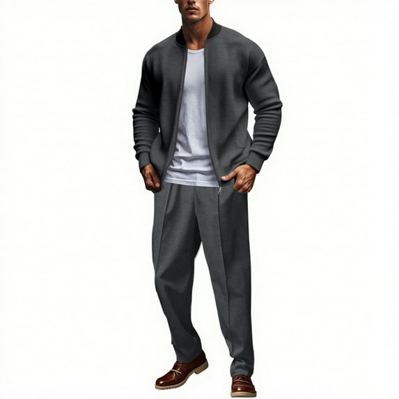 Donemore Men's Long Sleeved Solid Color Turndown Collar Zipper Pants Drawstring Set