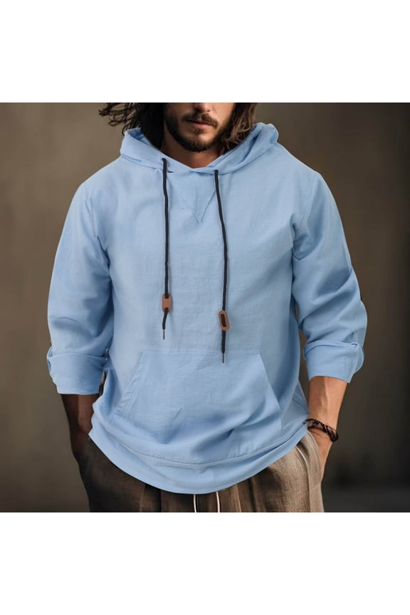 Men's Loose Fit Flax Hoodie Solid Color Casual Long Sleeve Pullover with Pockets 350g Pre-Shrunk Linen