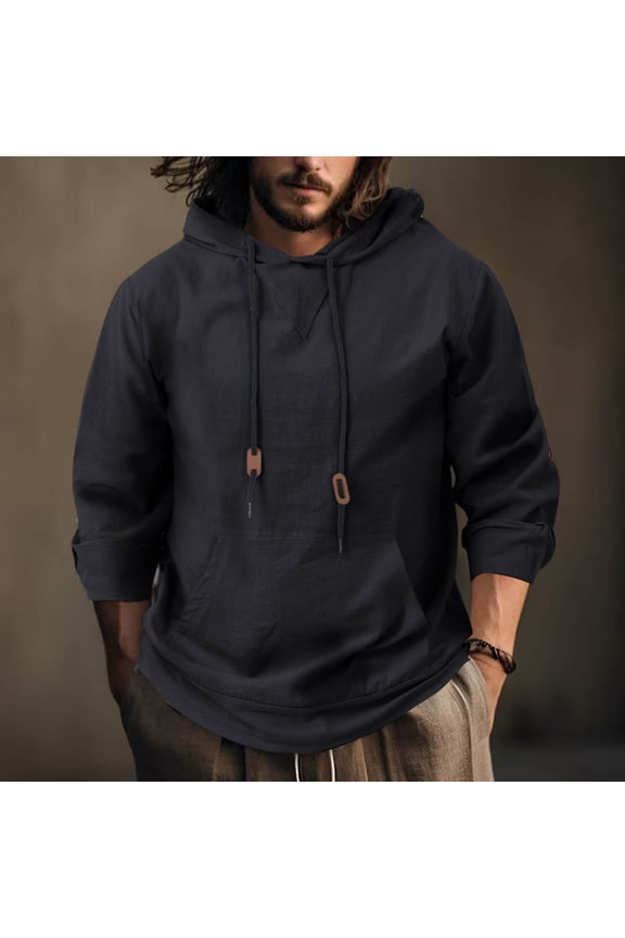 Men's Loose Fit Flax Hoodie Solid Color Casual Long Sleeve Pullover with Pockets 350g Pre-Shrunk Linen