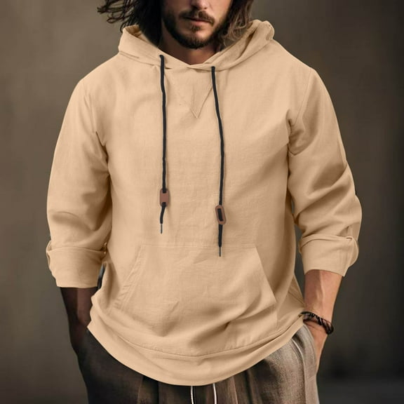 Donemore Men's Loose Fit Flax Hoodie Solid Color Casual Long Sleeve Pullover with Pockets 350g Pre-Shrunk Linen