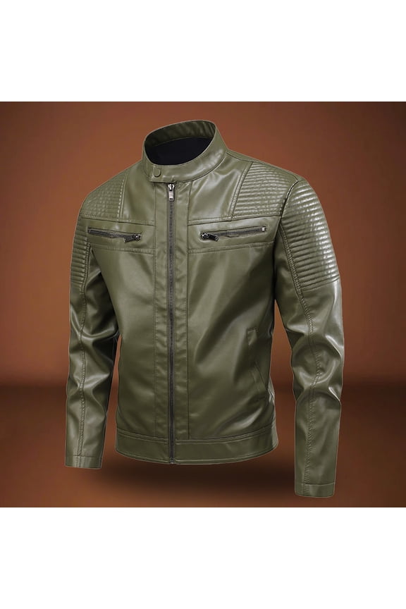 Men's Matte Leather Long Sleeve Stand Collar Jacket, Business Casual Style, Slim Fit Design with Matte Finish