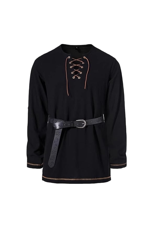 Men's Medieval Style Lace-Up Design Henley Shirt Stand Collar Pullover Long Sleeve Top Vintage Casual Business Shirt