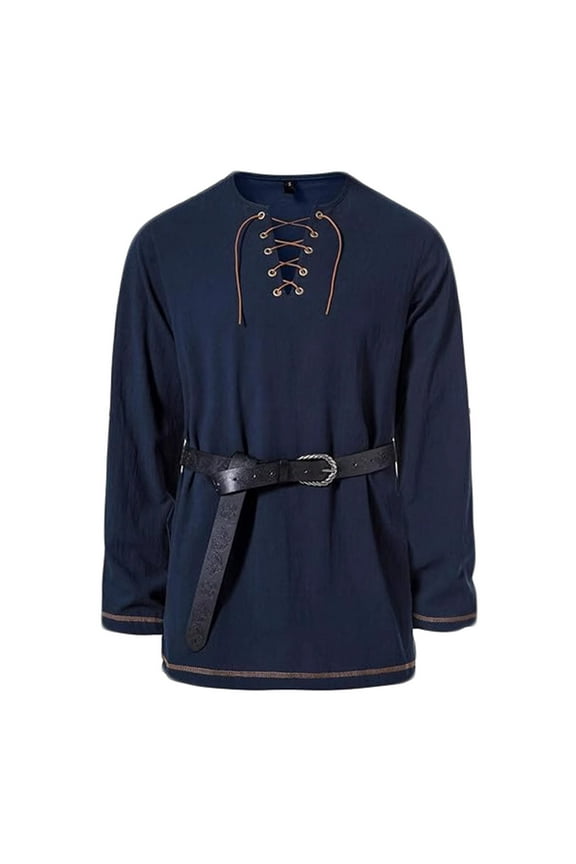 Men's Medieval Style Lace-Up Design Henley Shirt Stand Collar Pullover Long Sleeve Top Vintage Casual Business Shirt