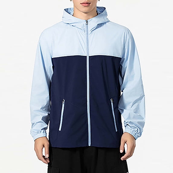 Donemore Men's Outdoor Windbreaker Color Block Hooded Jacket with Zipper Pockets Lightweight Long Sleeve for Running Fitness