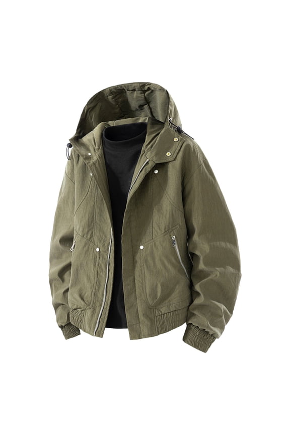 Men's Plaid Patchwork Long Sleeve Zip-Up Utility Jacket with Detachable Hood Functional Workwear Coat