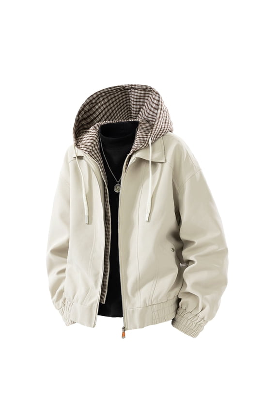 Men's Plaid Patchwork Long Sleeve Zip-Up Utility Jacket with Detachable Hood Functional Workwear Coat