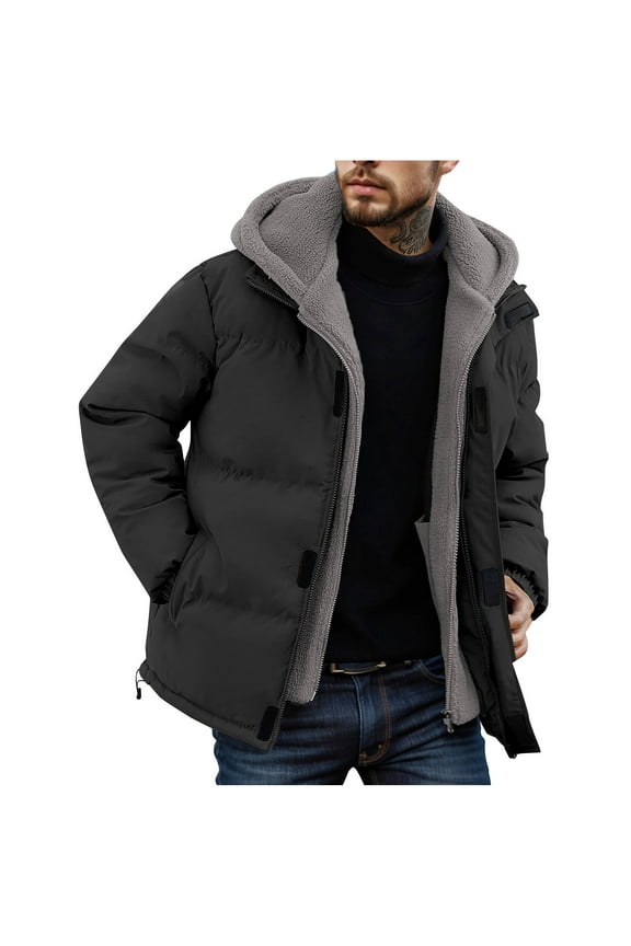 Men's Quilted Coat Down Jacket - Thickened Windproof Skiing Warm Two-Layer Design, Long Sleeve Hooded Casual Outdoor Winter Wear