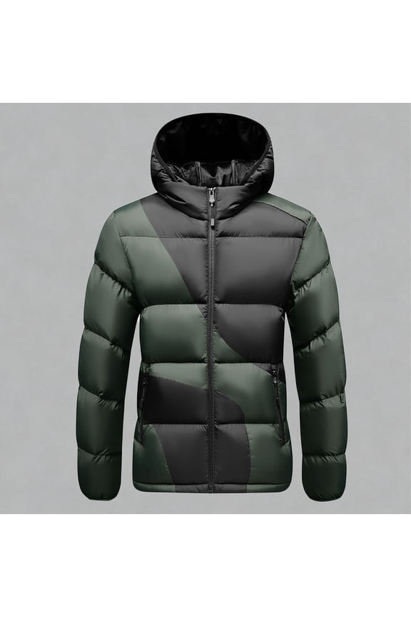Men's Quilted Hooded Jacket Windproof Fleece-Lined Thickened Outdoor Casual Coat with Zipper Pockets