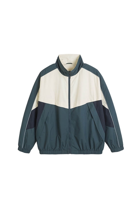 Men's Retro Sporty Casual Jacket with Stand Collar, Three-Tone Color Block Design and Zippered Pockets - Fashionable Urban Streetwear Outerwear