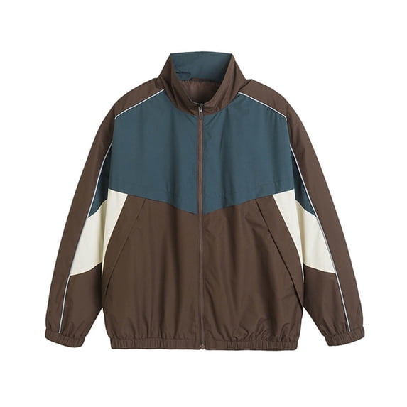 Donemore Men's Retro Sporty Casual Jacket with Stand Collar, Three-Tone Color Block Design and Zippered Pockets - Fashionable Urban Streetwear Outerwear
