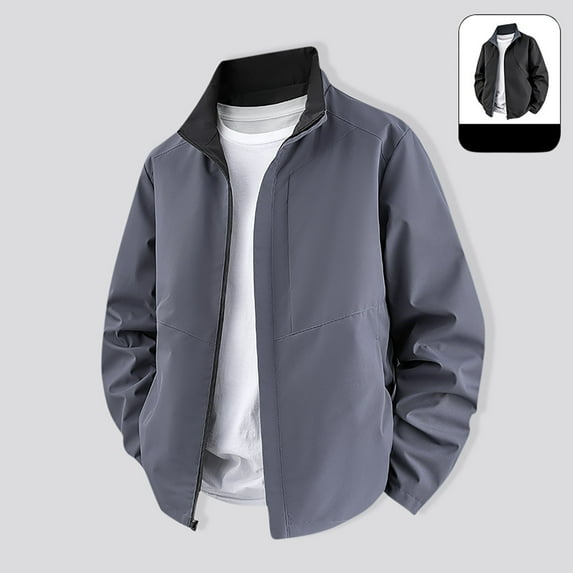Donemore Men's Reversible Lightweight Stand Collar Long Sleeve Solid Color Casual Pocket Jacket Coat with Functional Design, Simple and Versatile Men's Outerwear