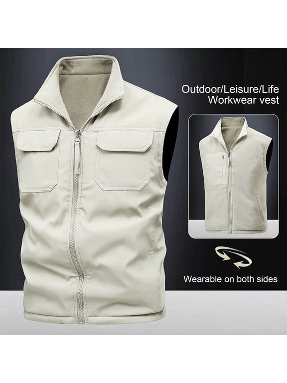 Men's Reversible Sleeveless Work Jacket Solid Color Lapel No Hood Design Outdoor Fishing Photography Casual Top