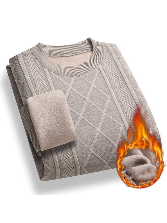Men's Round Neck Fleece-Lined Heavyweight Thermal Underwear Mid-Age & Senior Men Warm Business Casual Style Classic Simple Design