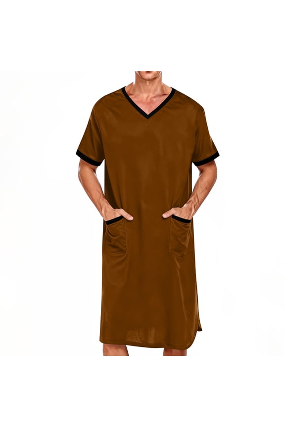 Men's Short Sleeve V-Neck Nightshirt Robe with Pockets Long Length Loose Fit Home Wear