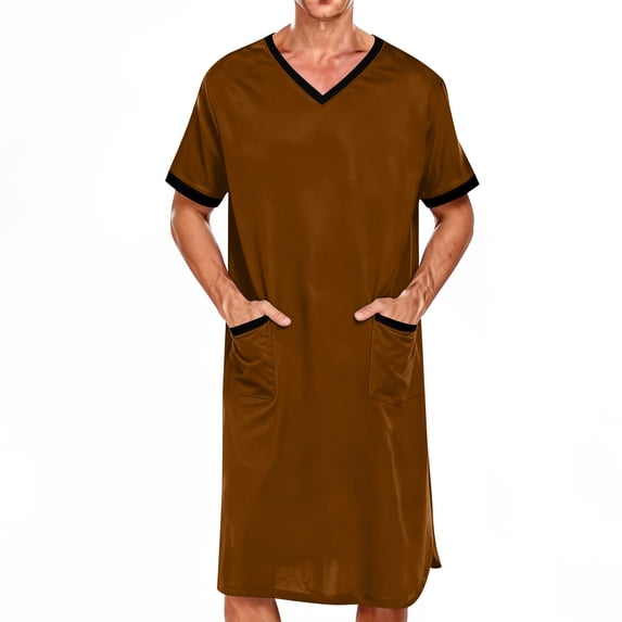 Donemore Men's Short Sleeve V-Neck Nightshirt Robe with Pockets Long Length Loose Fit Home Wear