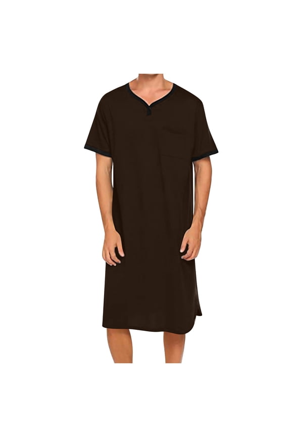 Men's Short Sleeve V-Neck Nightshirt Robe with Pockets Long Length Loose Fit Home Wear