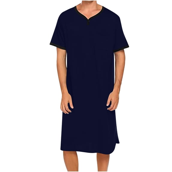 Donemore Men's Short Sleeve V-Neck Nightshirt Robe with Pockets Long Length Loose Fit Home Wear