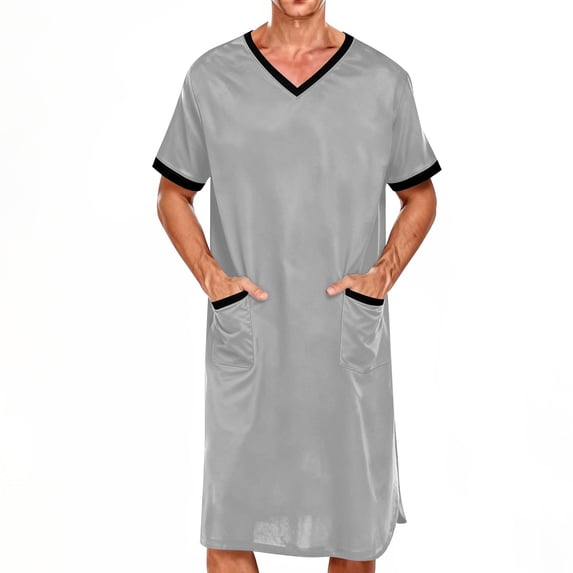 Donemore Men's Short Sleeve V-Neck Nightshirt Robe with Pockets Long Length Loose Fit Home Wear