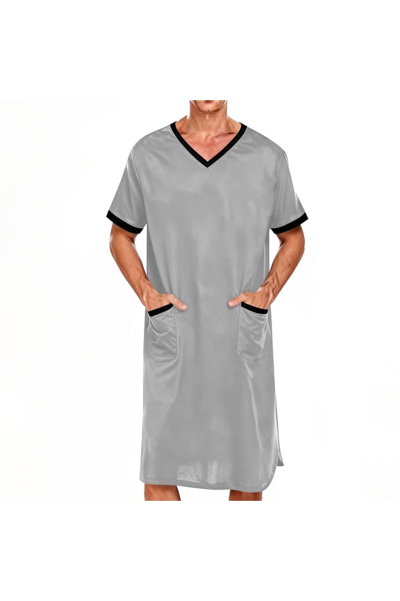 Men's Short Sleeve V-Neck Nightshirt Robe with Pockets Long Length Loose Fit Home Wear