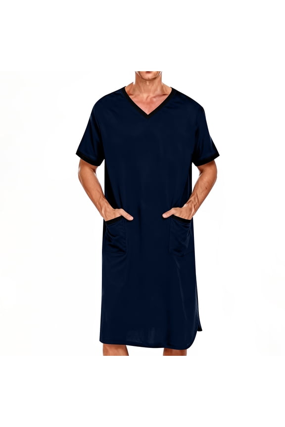 Men's Short Sleeve V-Neck Nightshirt Robe with Pockets Long Length Loose Fit Home Wear