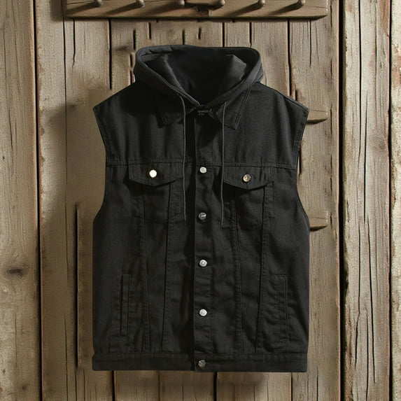 Donemore Men's Sleeveless Detachable Hood Denim Jacket Vintage Wash Pure Color Design Biker Style Casual Outerwear