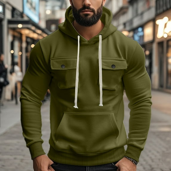Donemore Men's Solid Color Adjustable Drawstring Hooded Sweatshirt Long Sleeve Multi-Pocket Button Closure Urban Casual Modern Utility Wear
