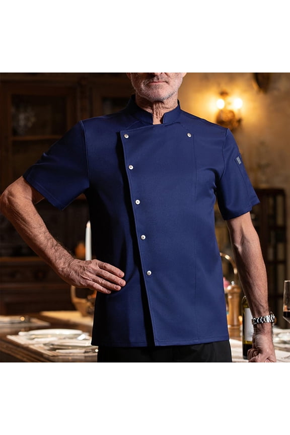 Men's Solid Color Breathable Short Sleeve Stand Collar Chef Bakery Work Shirt Button Front Professional Comfort Career Attire