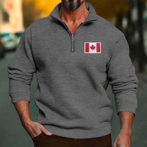 Donemore Men's Solid Color Canadian Flag Embroidered Zipper Long Sleeve Stand Collar Shirt Casual Stylish Top Simple Versatile Design Breathable Men's Clothing