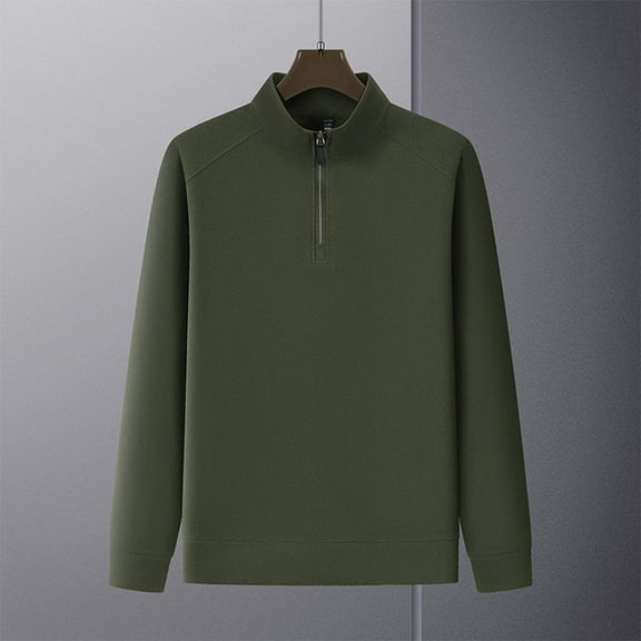 Donemore Men's Solid Color Casual Long Sleeve Stand Collar Zipper Thermal Polyester Top