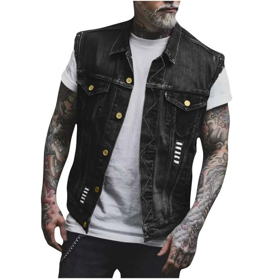 Donemore Men's Solid Color Distressed Denim Vest with Biker Collar, Punk Style Workwear Design, Retro Urban Streetwear Layering Piece