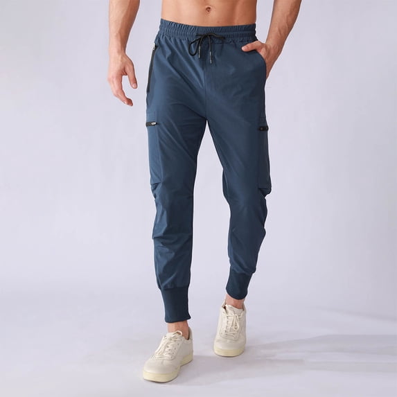 Donemore Men's Solid Color Elastic Sport Pants with Multiple Pockets, Tapered Cuff Drawstring Workwear Design for Running Training and Casual Wear - Woven Fabric