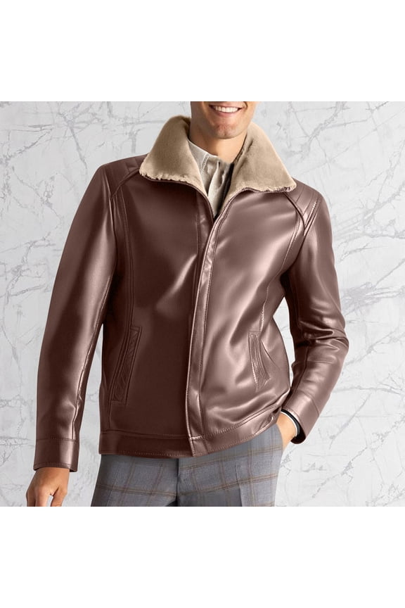 Men's Solid Color Fleece-Lined Long Sleeve PU Leather Vintage Style Biker Jacket Hoodless Design with Zipper Pockets Warm Winter Coat