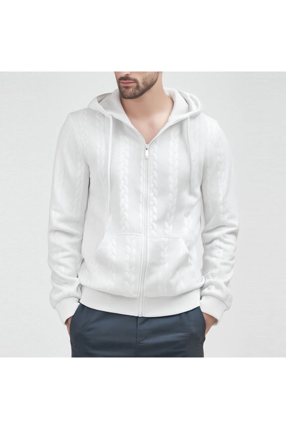 Men's Solid Color Jacquard Drawstring Zippered Pockets Long Sleeve Hooded Jacket Coat Casual Stylish Design Comfortable Versatile Daily Wear
