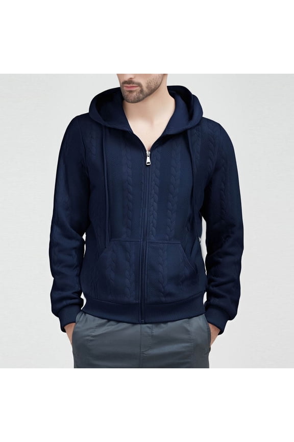 Men's Solid Color Jacquard Drawstring Zippered Pockets Long Sleeve Hooded Jacket Coat Casual Stylish Design Comfortable Versatile Daily Wear