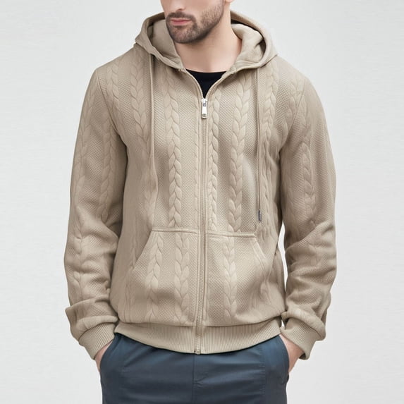 Donemore Men's Solid Color Jacquard Drawstring Zippered Pockets Long Sleeve Hooded Jacket Coat Casual Stylish Design Comfortable Versatile Daily Wear