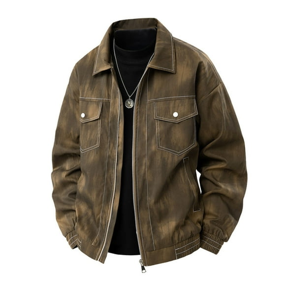 Donemore Men's Solid Color Lapel Pocket Work Jacket Coat Long Sleeve No Hood Casual Outerwear Vintage Style Multi-Pocket Design