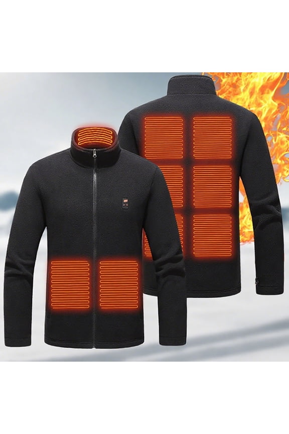 Men's Solid Color Long Sleeve 9-Zone Heating Thermal USB Charging Stand Collar Casual Jacket with Zipper Pockets, Hoodless Design