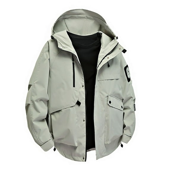 Donemore Men's Solid Color Long Sleeve Hooded Utility Jacket Water-Resistant Outdoor Windbreaker Coat Multi-Pocket Casual Trendy Design