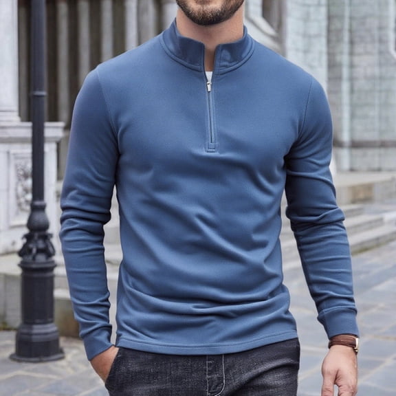 Donemore Men's Solid Color Long Sleeve Stand Collar Half-Zip Base Shirt, Thermal Fleece Warm Business Casual Style, Streamlined Comfort Versatile Men's Wear