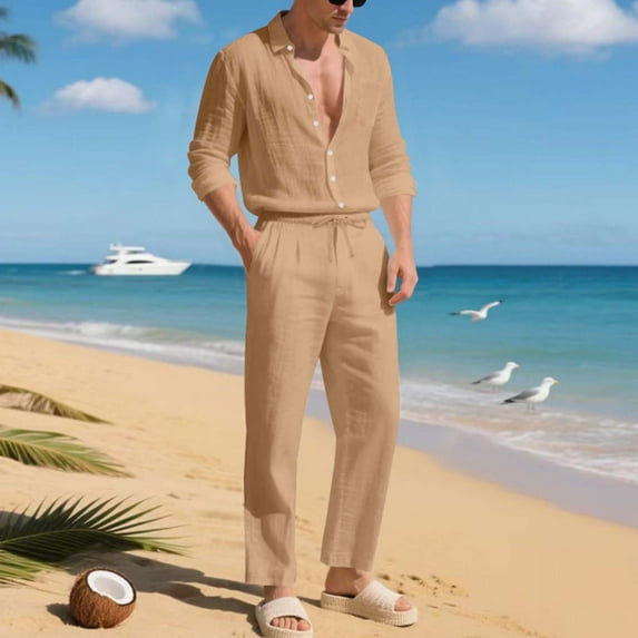 Donemore Men's Solid Color Loose-Fit Minimalist Linen Button-Up Shirt and Pants Set Casual Fashion Outfit