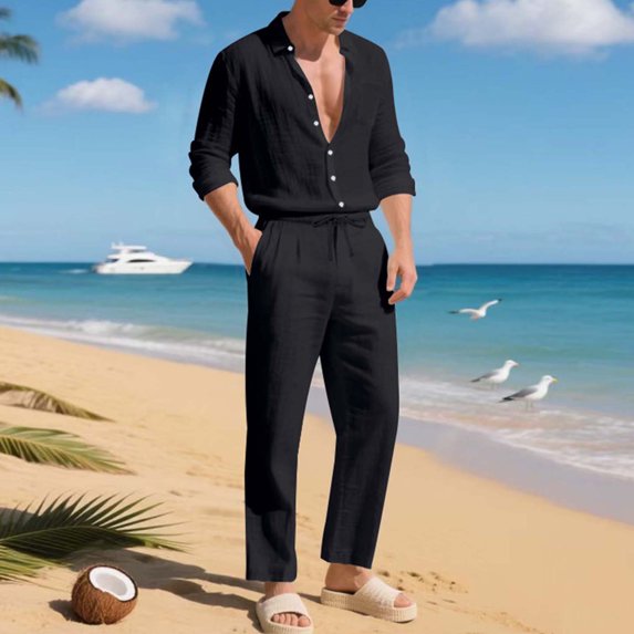 Donemore Men's Solid Color Loose-Fit Minimalist Linen Button-Up Shirt and Pants Set Casual Fashion Outfit